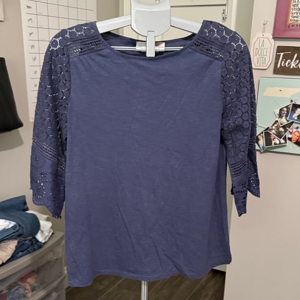 LOFT Navy Lace Sleeve Blouse